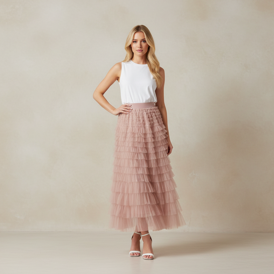 A woman stands in a studio wearing a sleeveless white top and a long, tiered dusty pink tulle skirt with a matching pink waistband. She is wearing white heeled sandals against a warm beige textured backdrop.