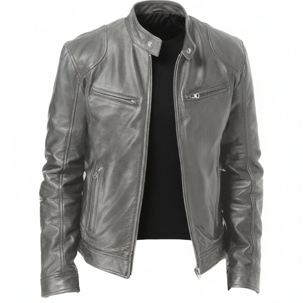 Gray leather jacket on a mannequin with a white background