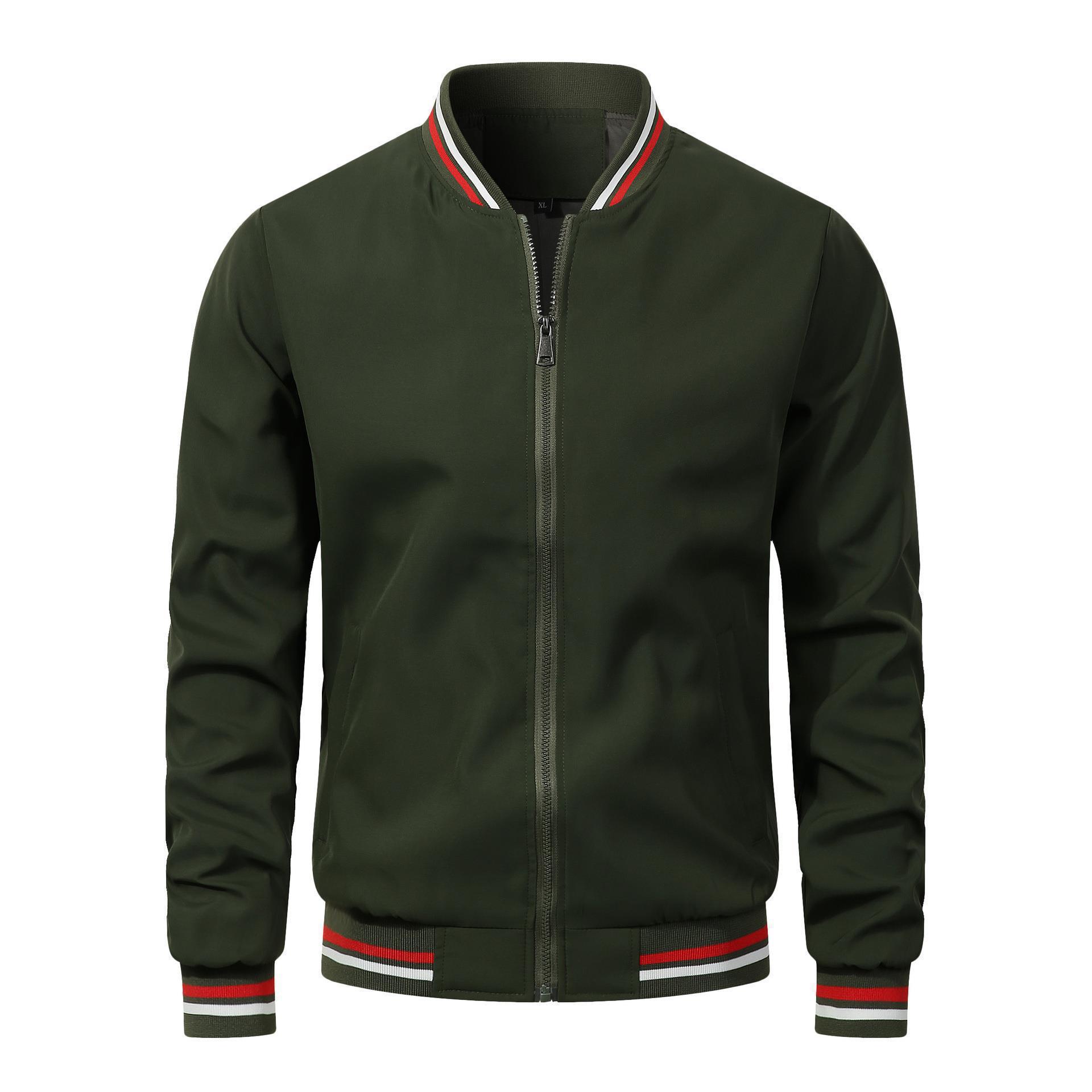Green jacket with red and white trim on a white background