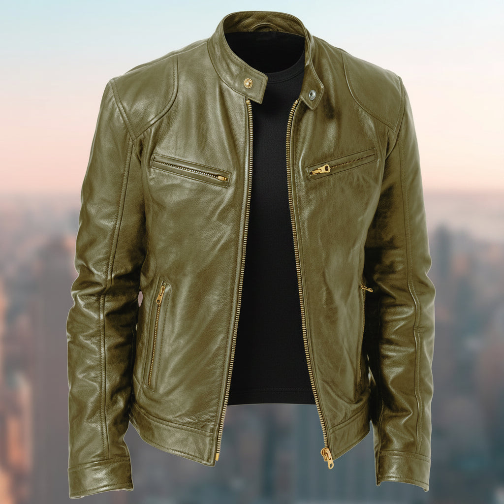 Brown leather jacket on a blurred cityscape background