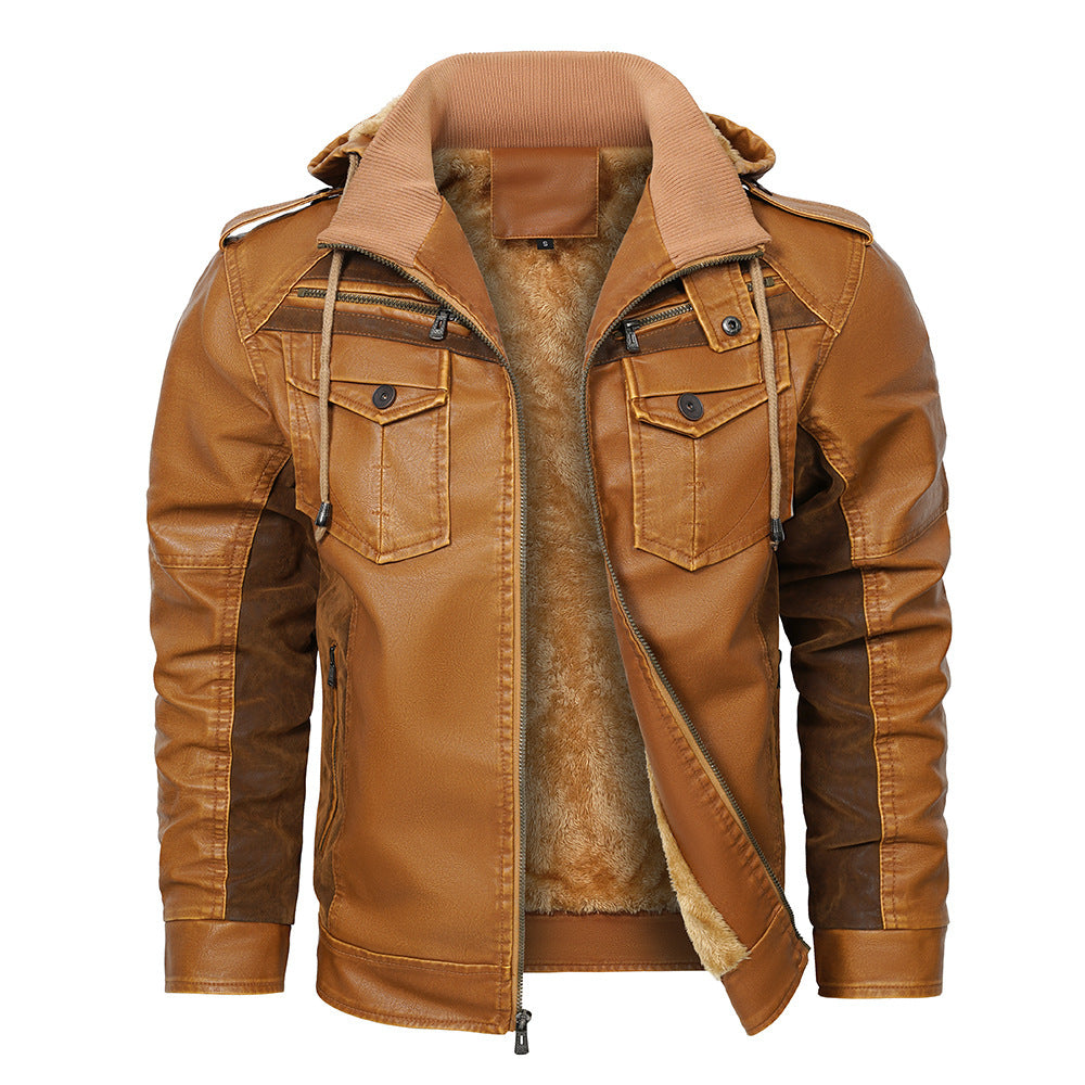 Brown leather jacket with fur lining on a white background