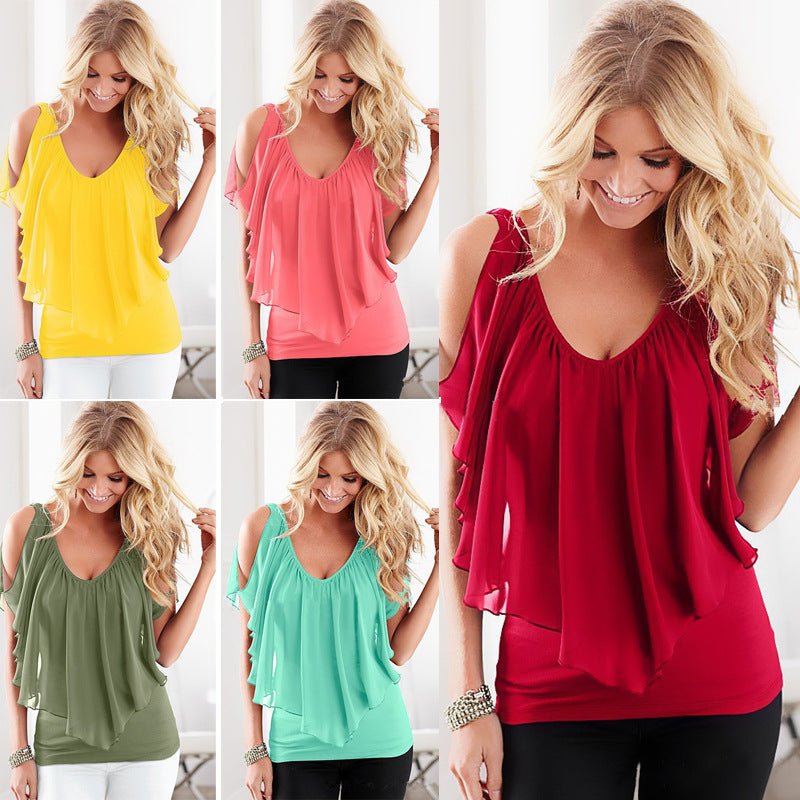 Chiffon Bat Sleeve Stitching T-Shirt Top - AmiraMart