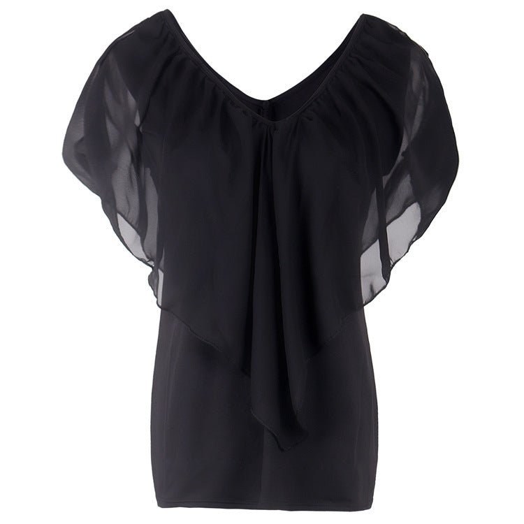 Chiffon Bat Sleeve Stitching T-Shirt Top - AmiraMart