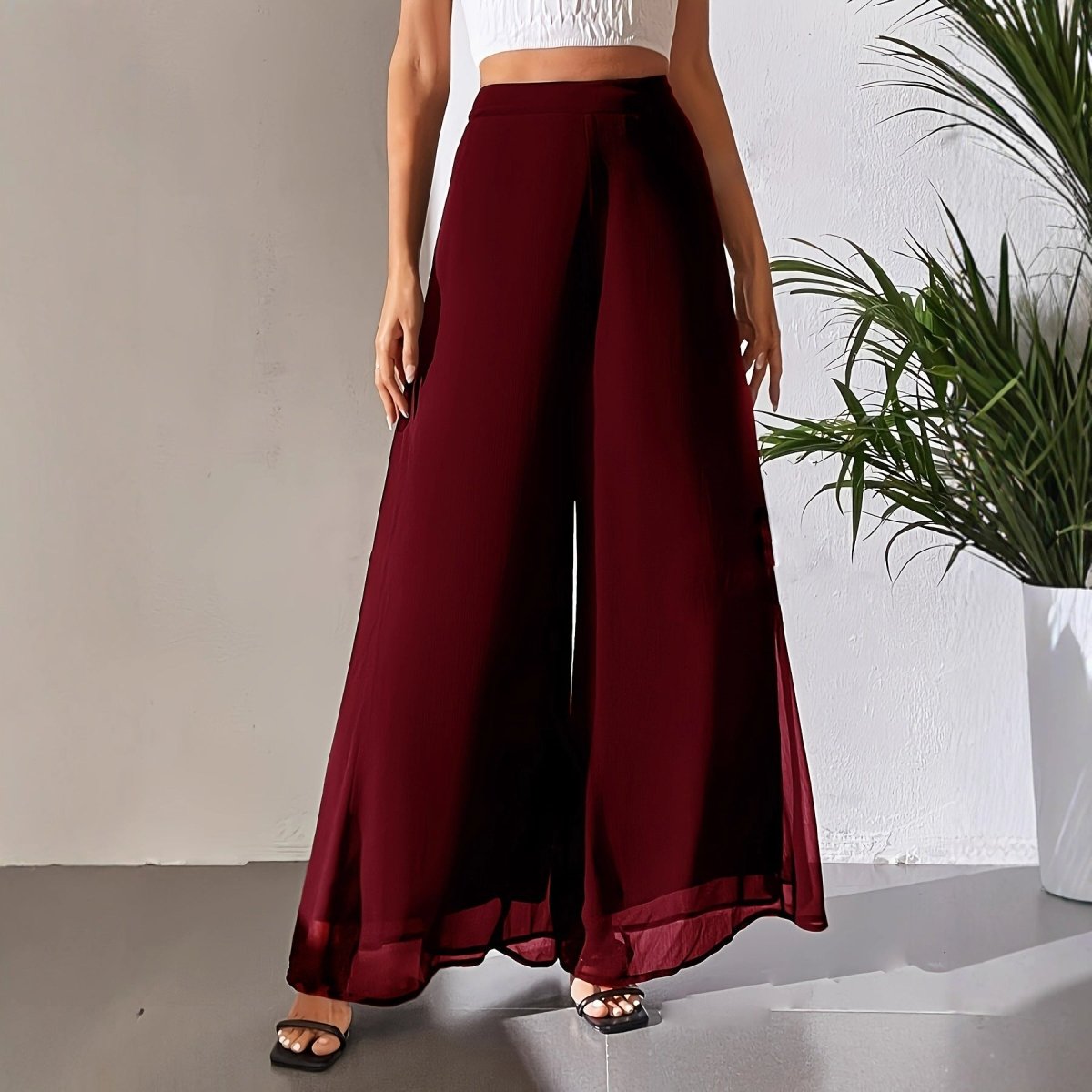 Chiffon Wide - Leg Pants | Casual Loose Flowy Trousers - AmiraMart