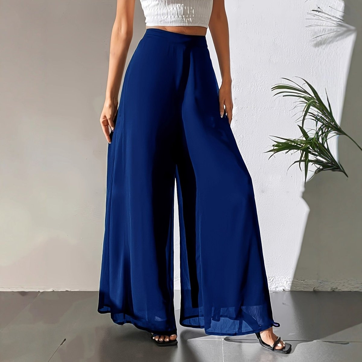 Chiffon Wide - Leg Pants | Casual Loose Flowy Trousers - AmiraMart