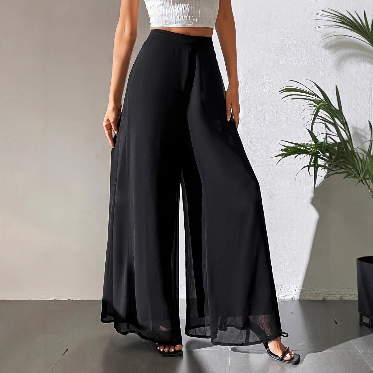 Chiffon Wide - Leg Pants | Casual Loose Flowy Trousers - AmiraMart