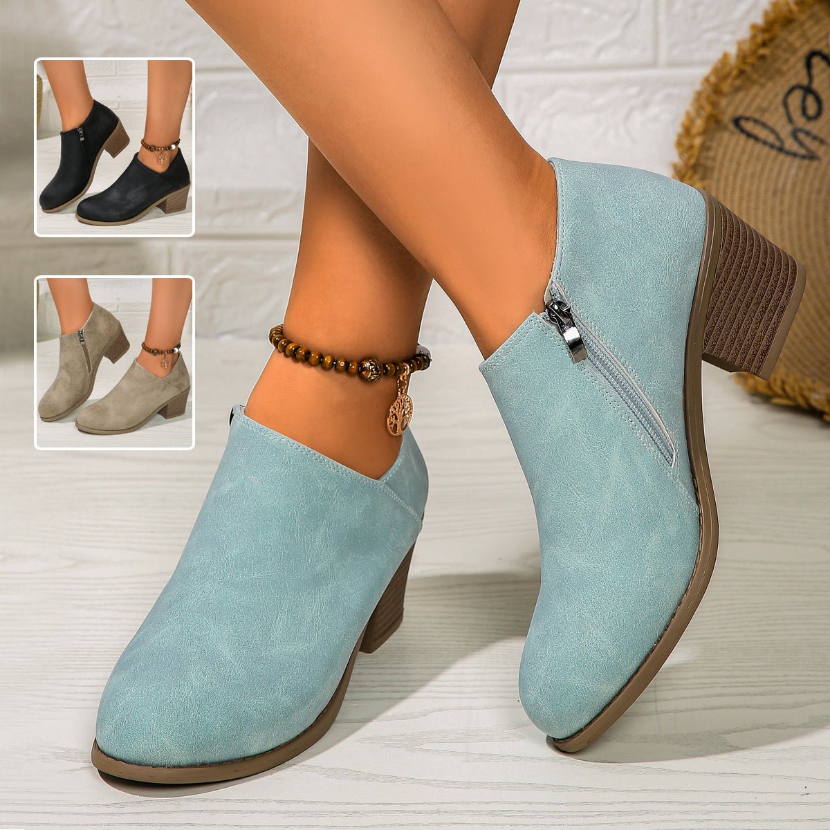 Chunky Heel Round Toe Ankle Boots - AmiraMart