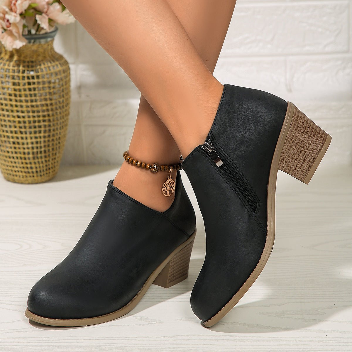 Chunky Heel Round Toe Ankle Boots - AmiraMart
