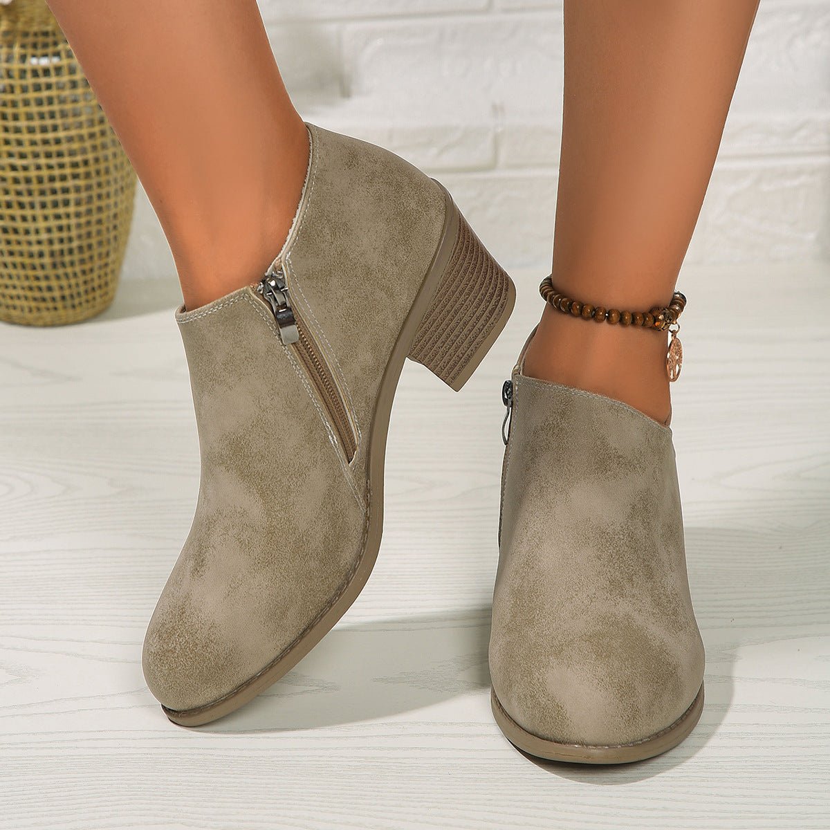 Chunky Heel Round Toe Ankle Boots - AmiraMart