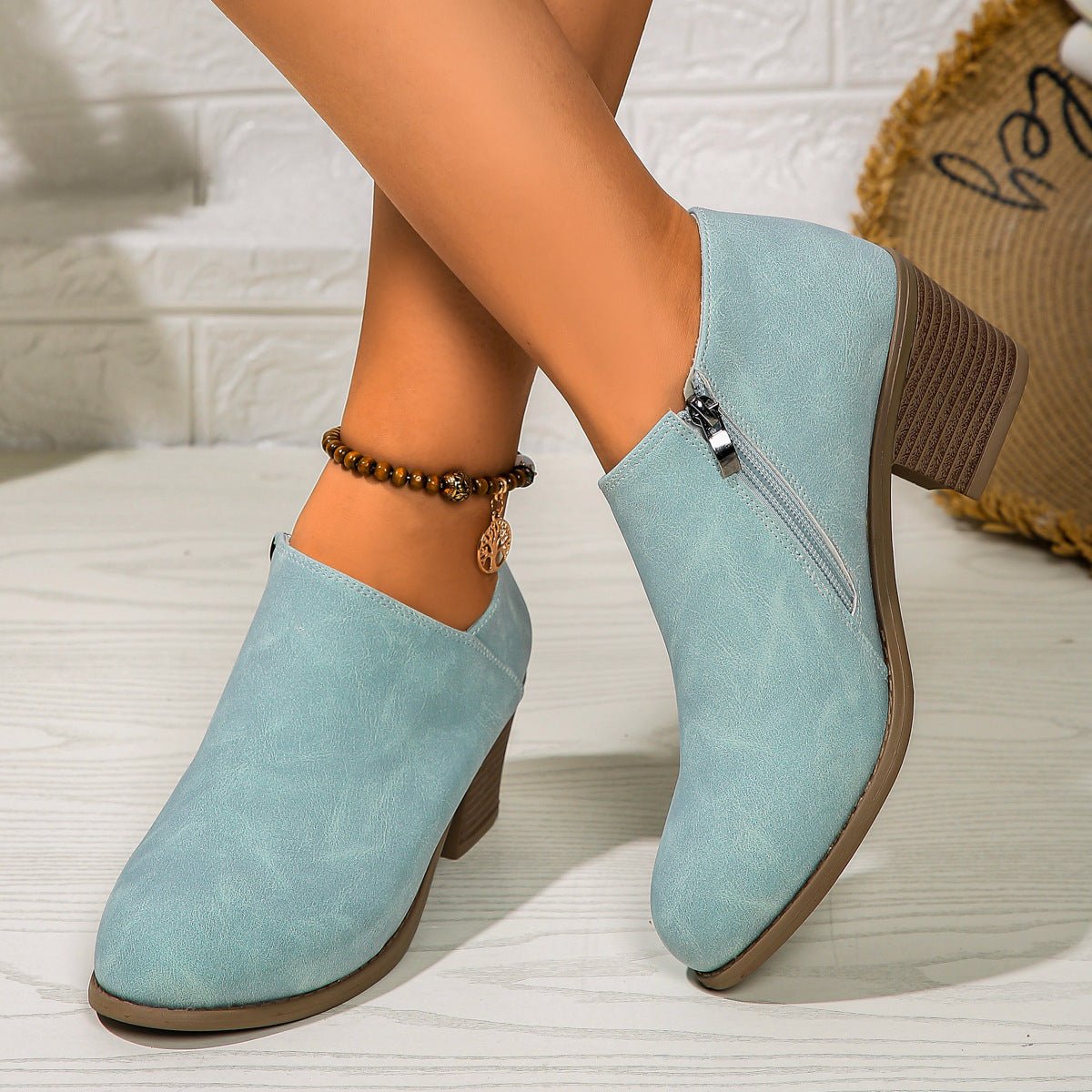 Chunky Heel Round Toe Ankle Boots - AmiraMart