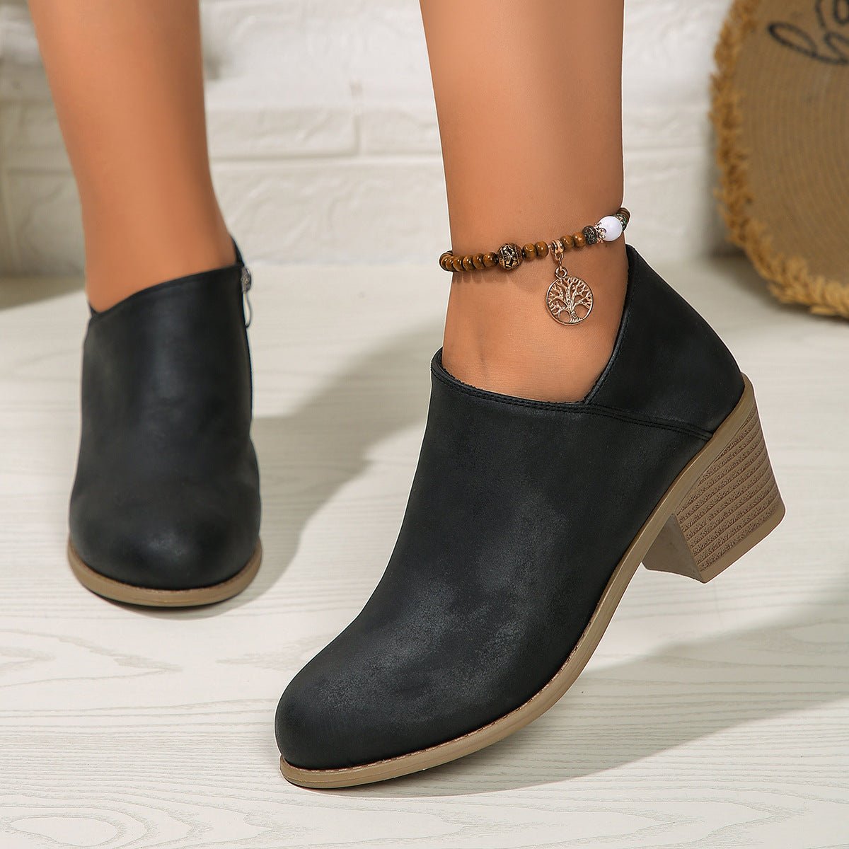 Chunky Heel Round Toe Ankle Boots - AmiraMart