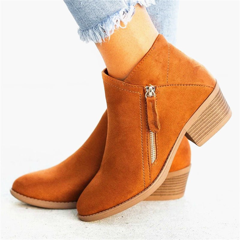 Classic Suede Heeled Boots - Pointed Toe & Block Heel - AmiraMart