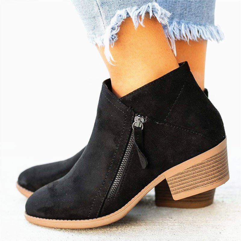Classic Suede Heeled Boots - Pointed Toe & Block Heel - AmiraMart