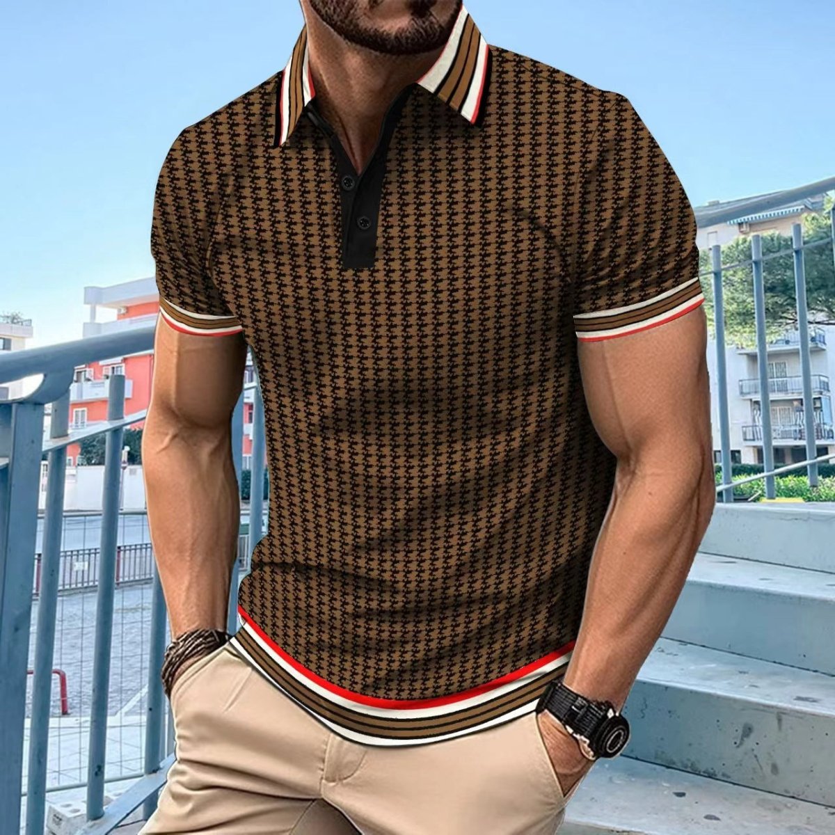 Color Block Button Short Sleeve T-shirt Top - AmiraMart