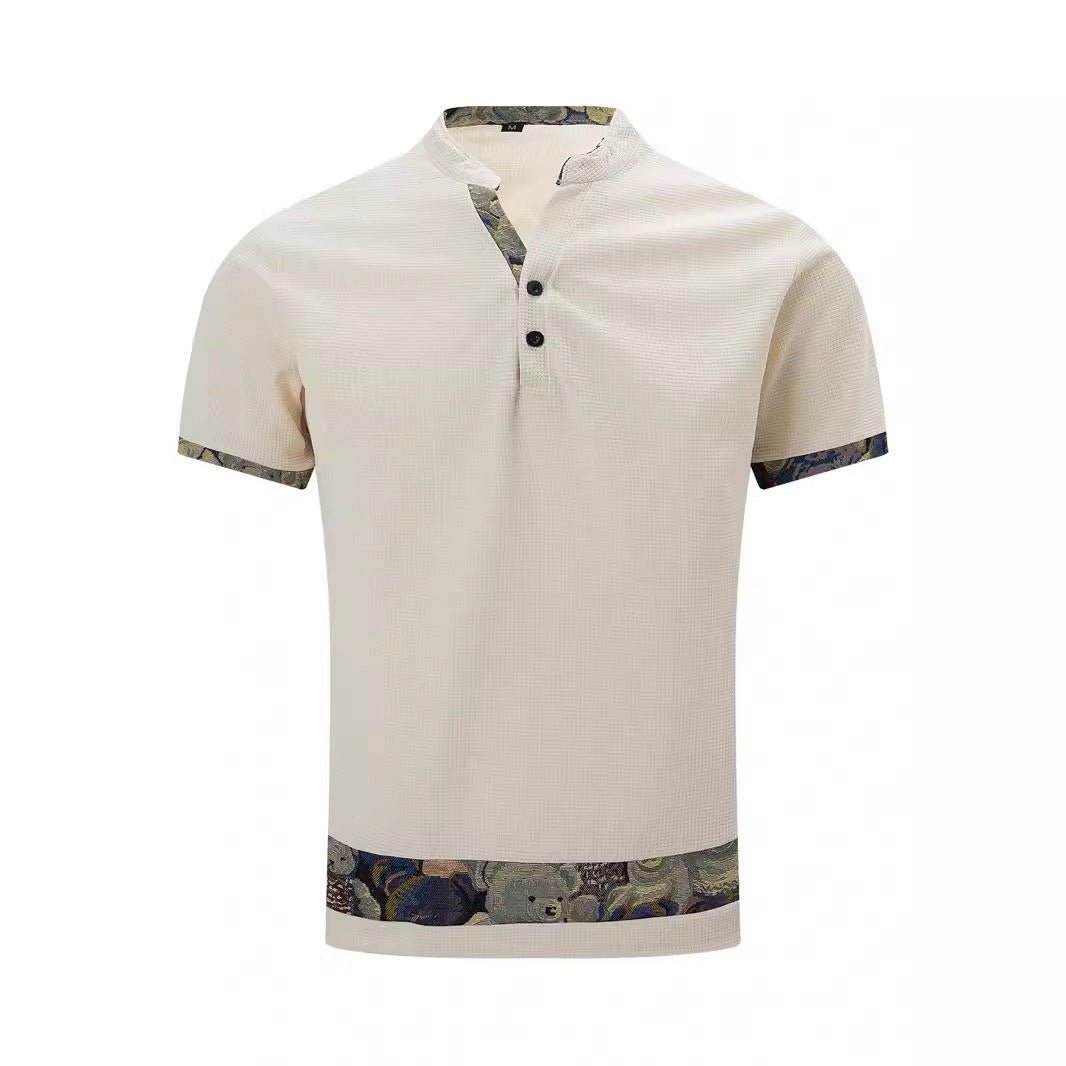 Color Stitching Stand - collar Short Sleeve Button Fashion - AmiraMart