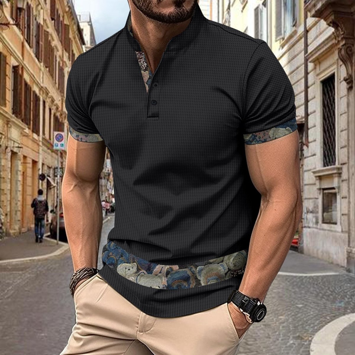 Color Stitching Stand - collar Short Sleeve Button Fashion - AmiraMart