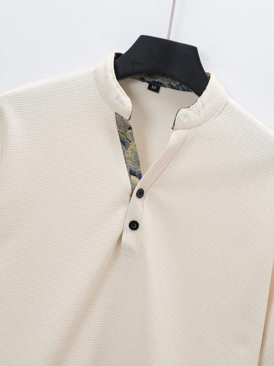 Color Stitching Stand - collar Short Sleeve Button Fashion - AmiraMart