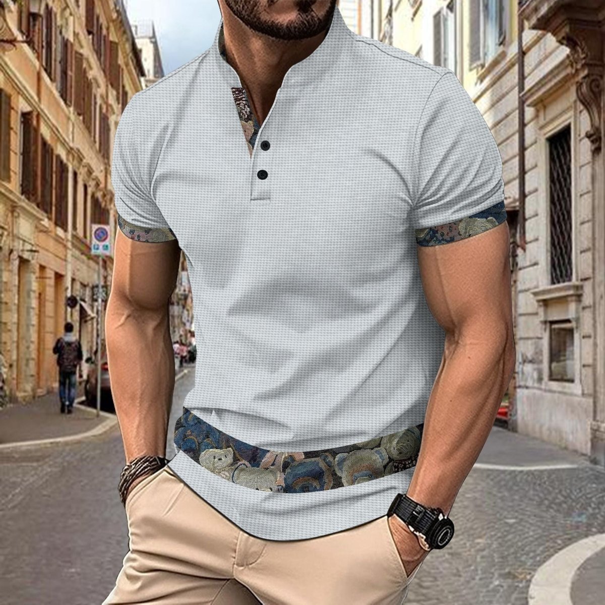 Color Stitching Stand - collar Short Sleeve Button Fashion - AmiraMart