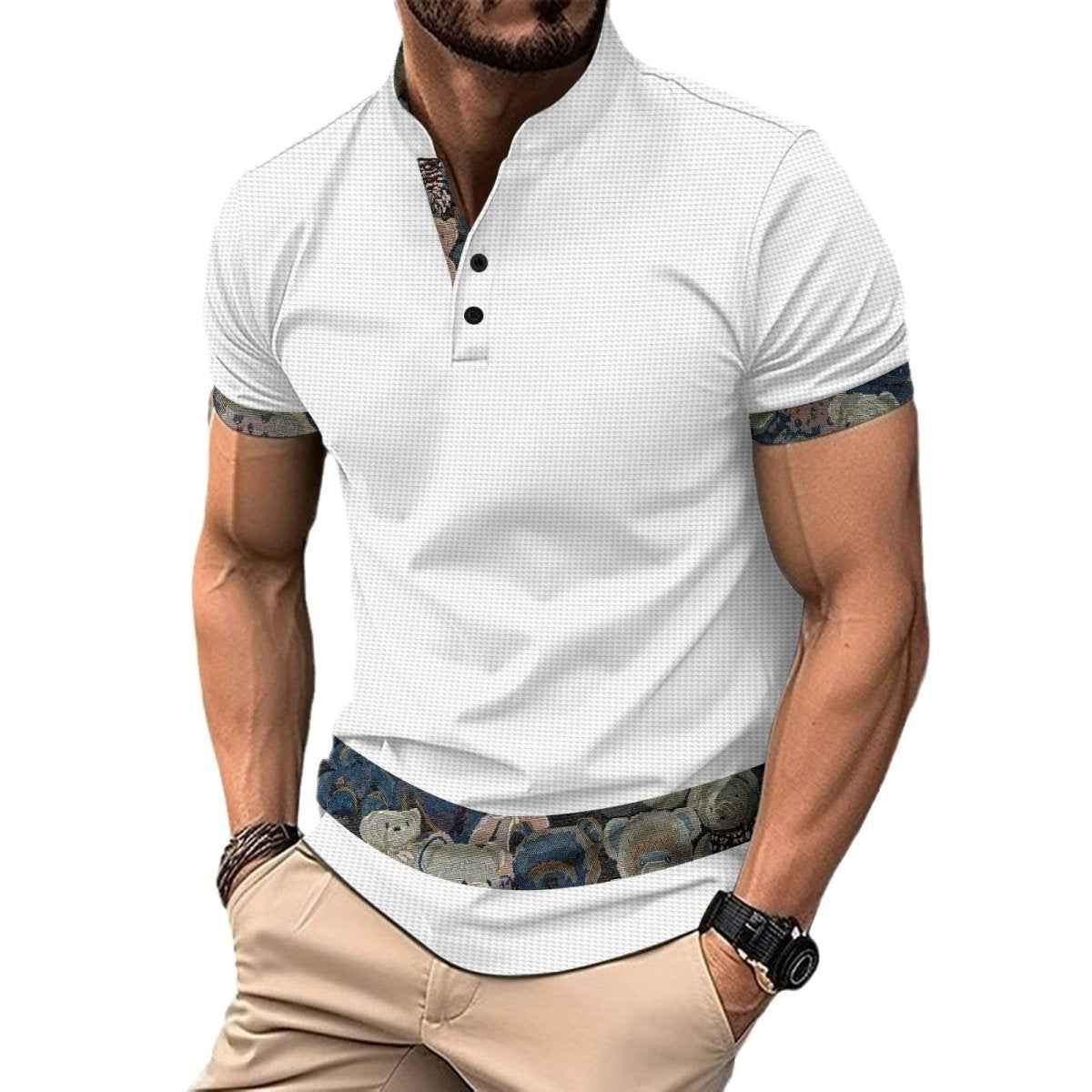 Color Stitching Stand - collar Short Sleeve Button Fashion - AmiraMart