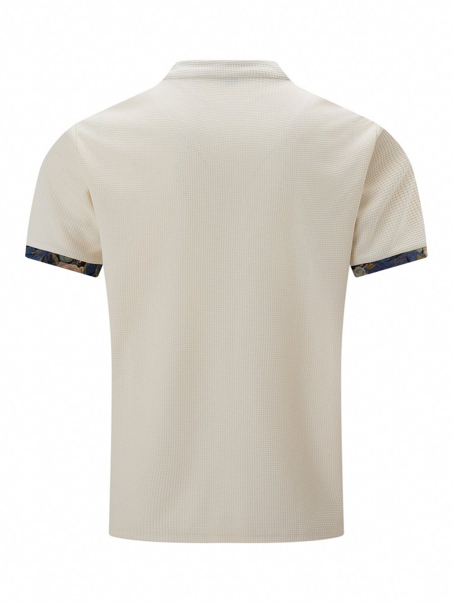 Color Stitching Stand - collar Short Sleeve Button Fashion - AmiraMart