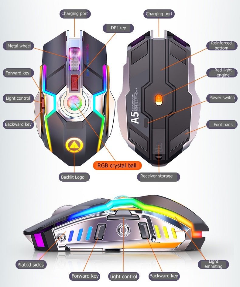 Color Wireless Gaming RGB Rechargeable Mute Button Mouse - AmiraMart