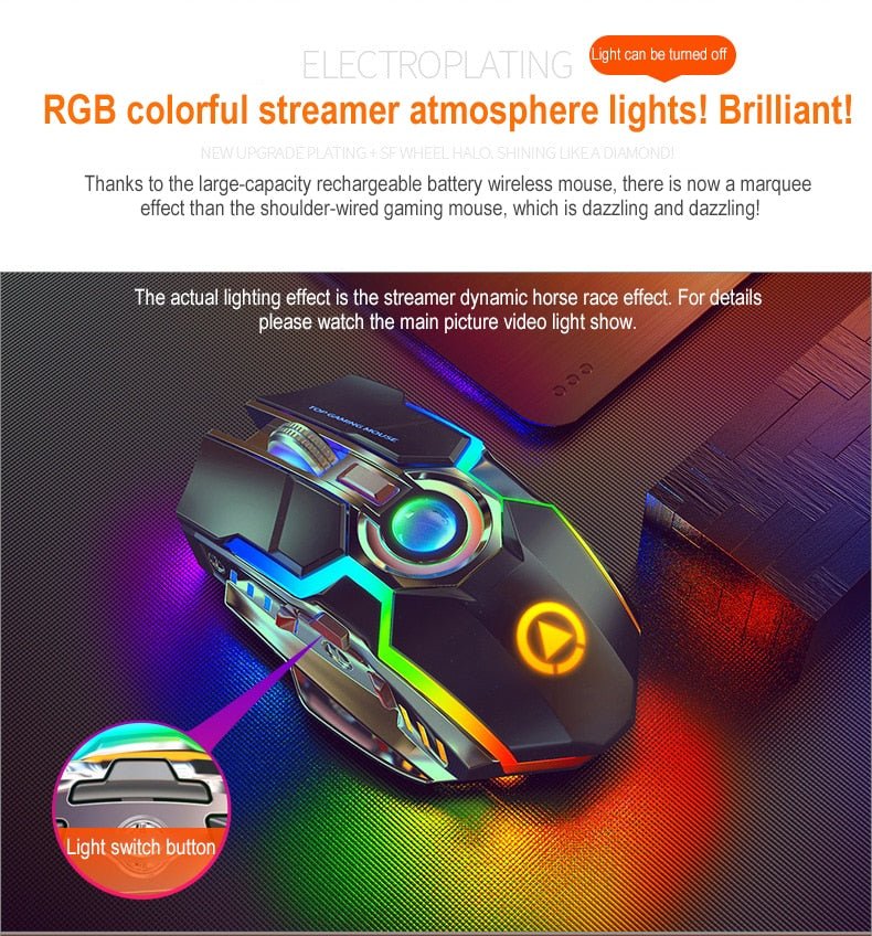Color Wireless Gaming RGB Rechargeable Mute Button Mouse - AmiraMart