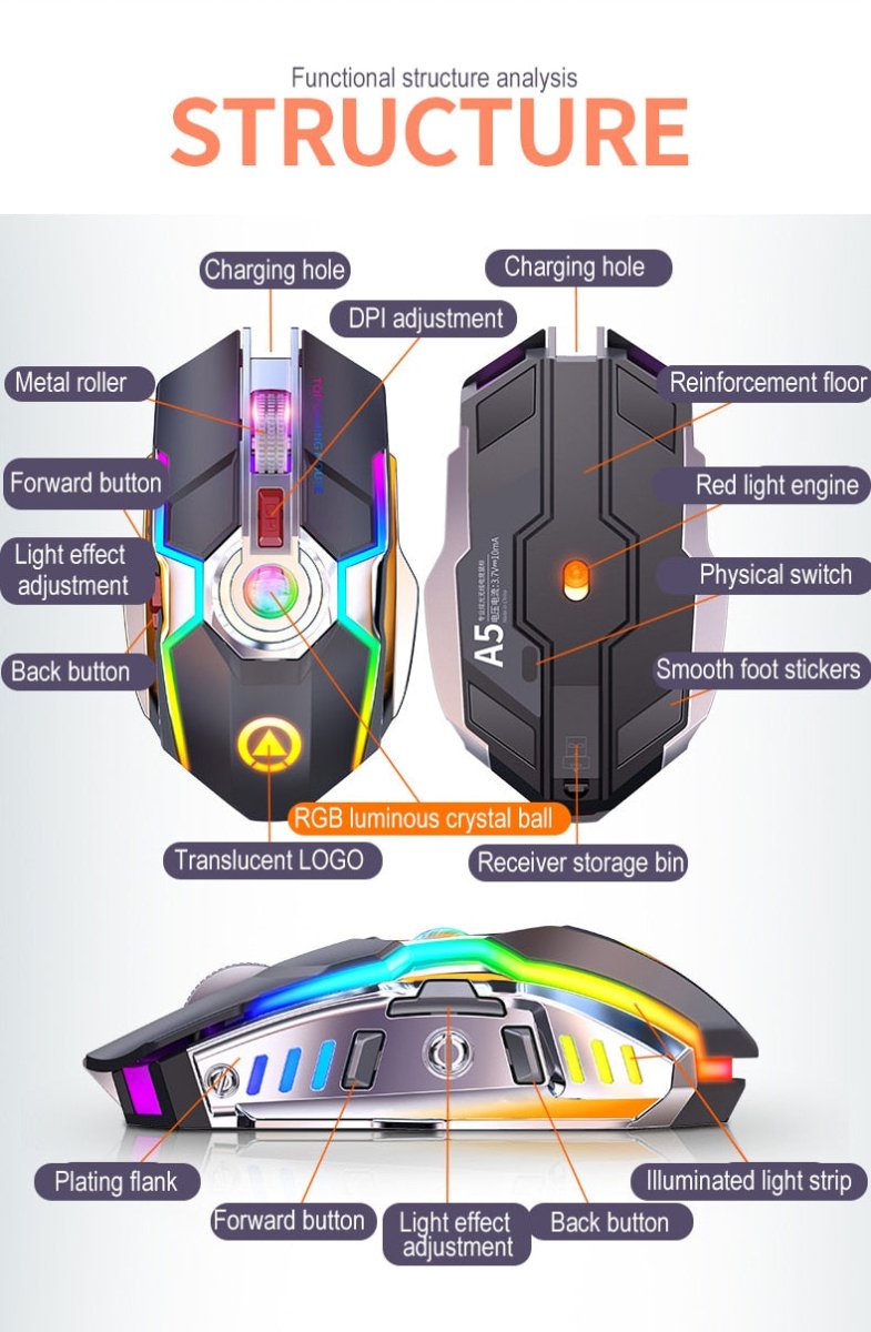 Color Wireless Gaming RGB Rechargeable Mute Button Mouse - AmiraMart