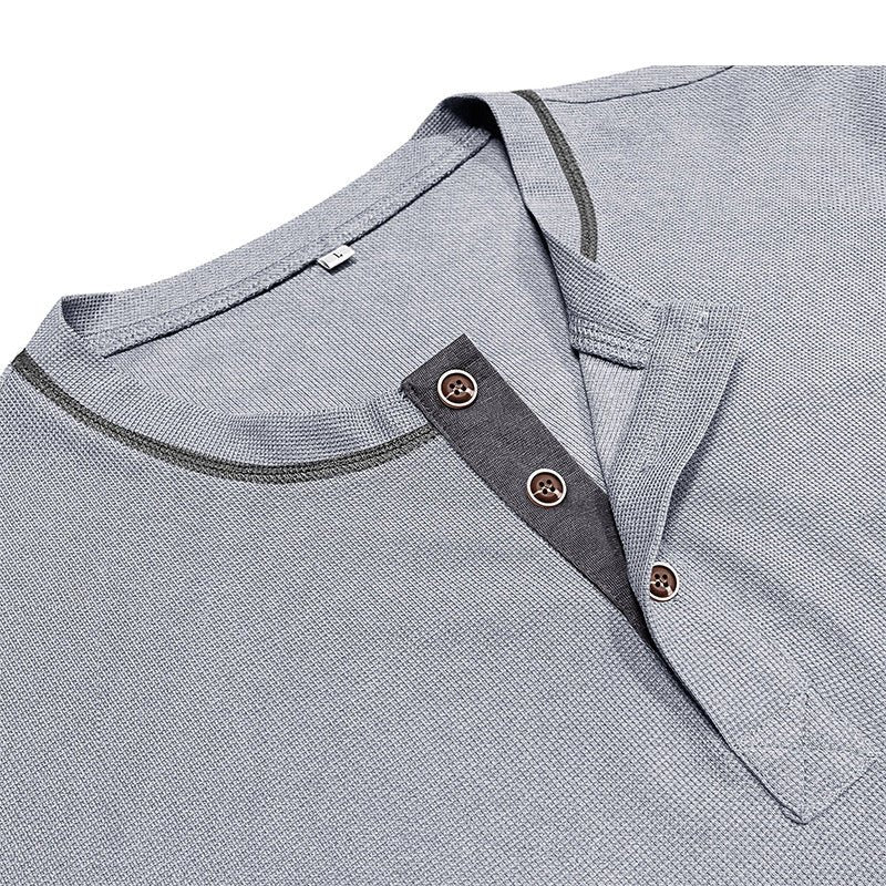 Contrast Color Round Neck Waffle Henry T-shirt - AmiraMart