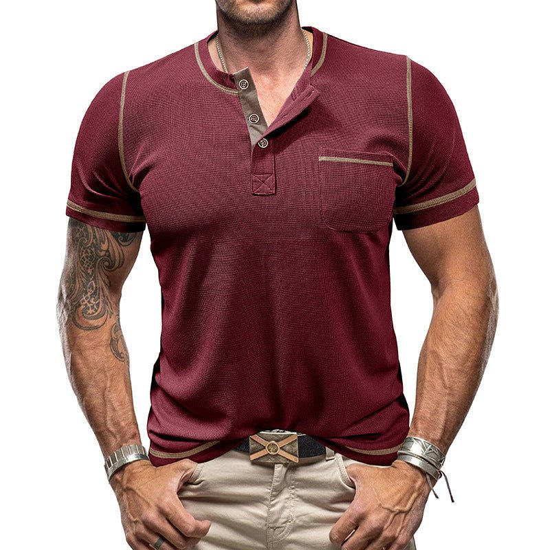 Contrast Color Round Neck Waffle Henry T-shirt - AmiraMart