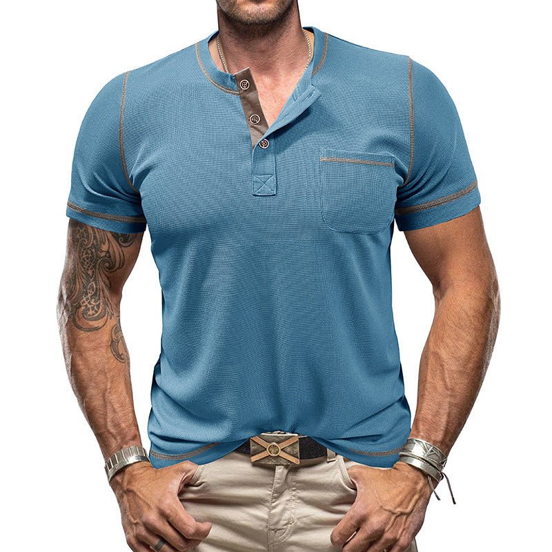 Contrast Color Round Neck Waffle Henry T-shirt - AmiraMart