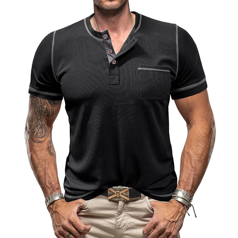 Contrast Color Round Neck Waffle Henry T-shirt - AmiraMart