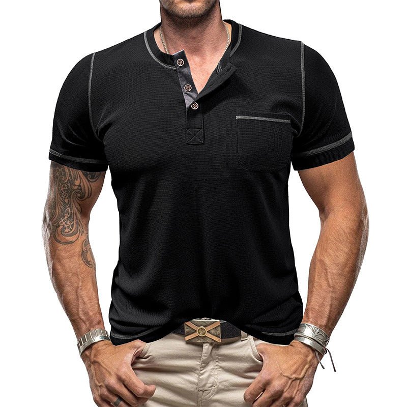 Contrast Color Round Neck Waffle Henry T-shirt - AmiraMart