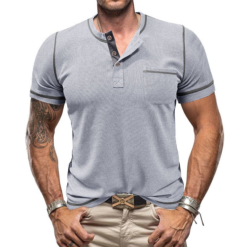 Contrast Color Round Neck Waffle Henry T-shirt - AmiraMart