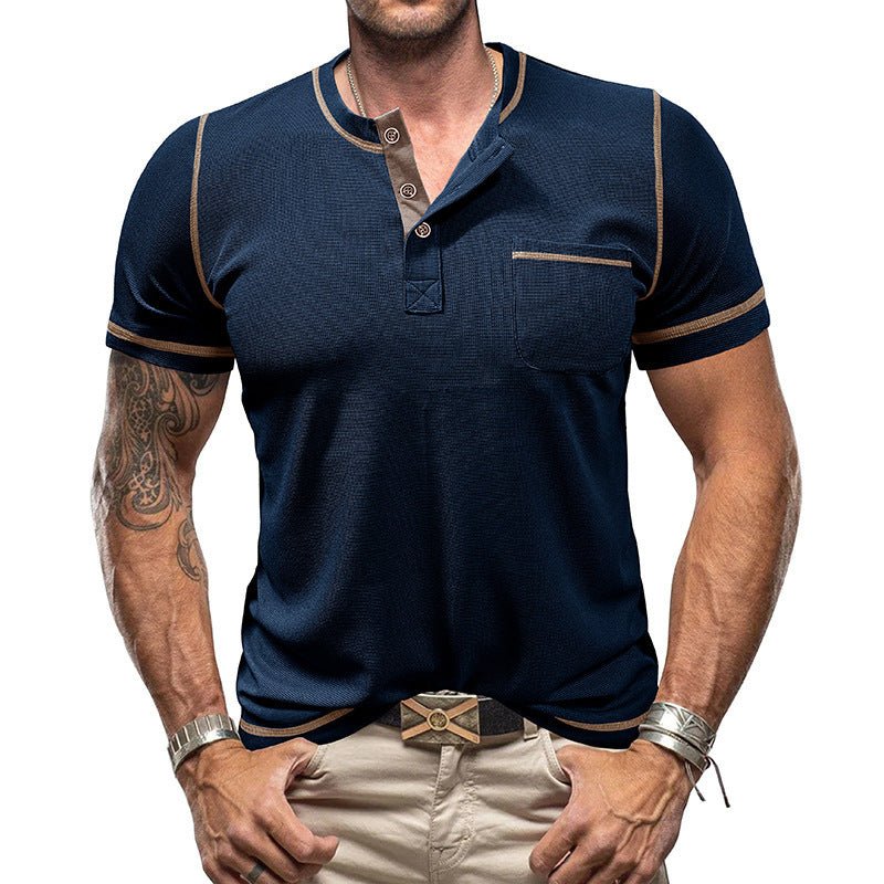 Contrast Color Round Neck Waffle Henry T-shirt - AmiraMart