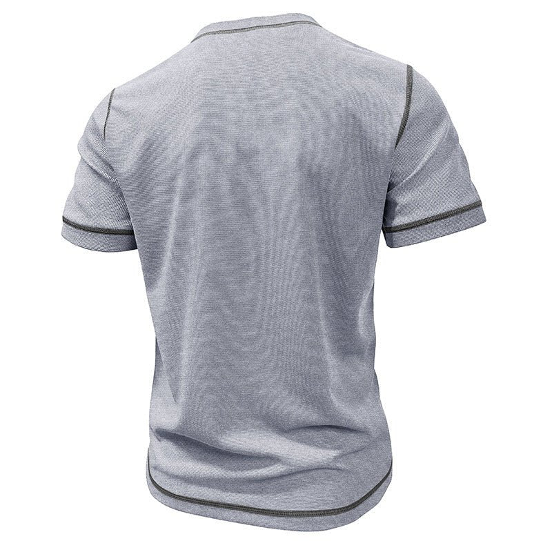 Contrast Color Round Neck Waffle Henry T-shirt - AmiraMart
