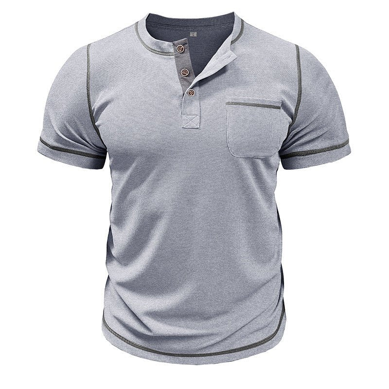Contrast Color Round Neck Waffle Henry T-shirt - AmiraMart