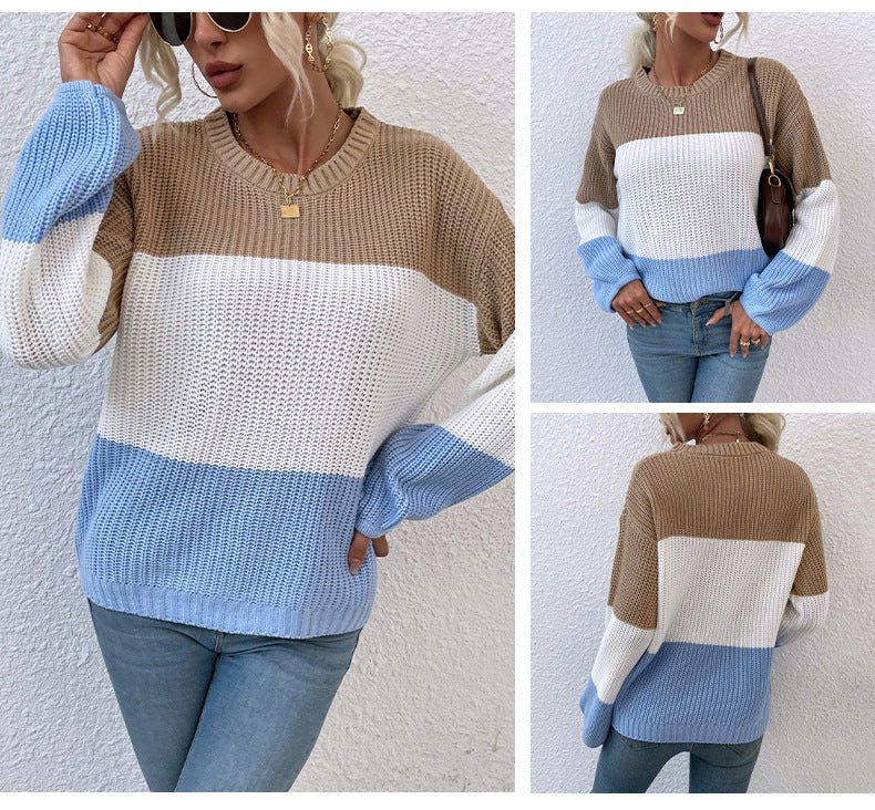 Contrast Color Sweater Lantern Sleeve Pullover - AmiraMart