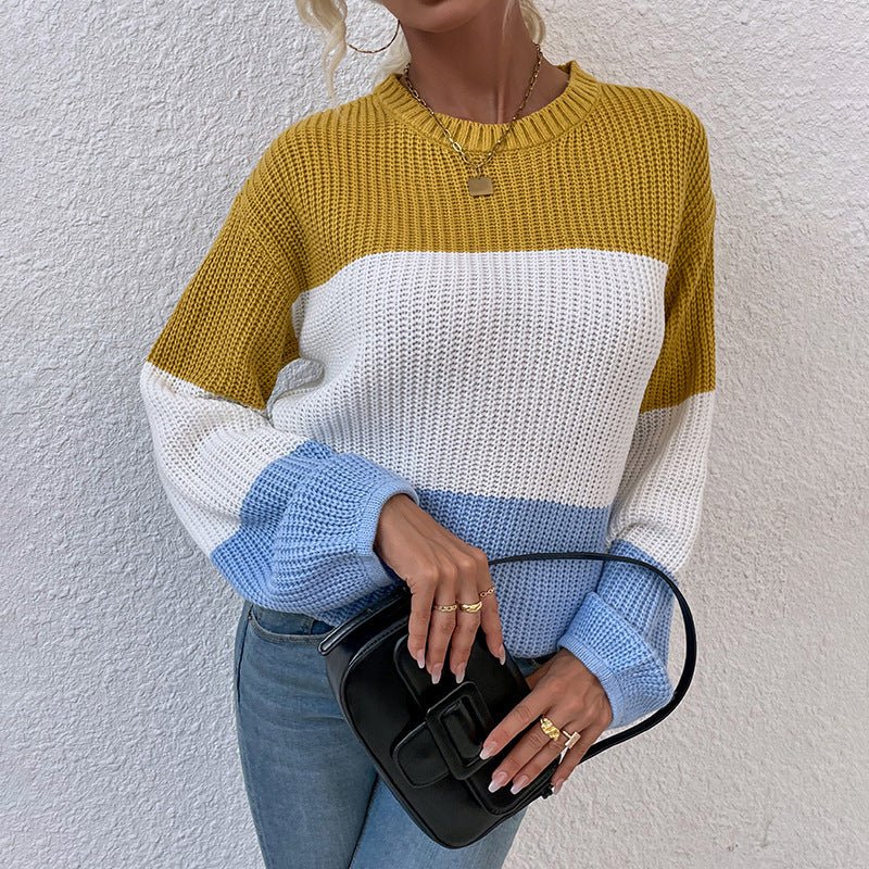 Contrast Color Sweater Lantern Sleeve Pullover - AmiraMart