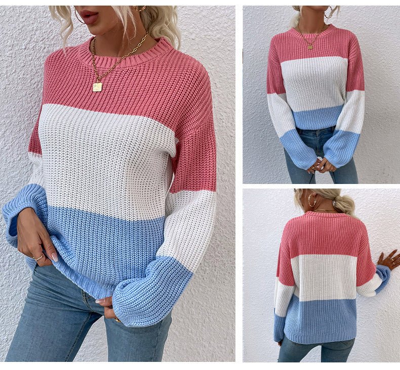 Contrast Color Sweater Lantern Sleeve Pullover - AmiraMart