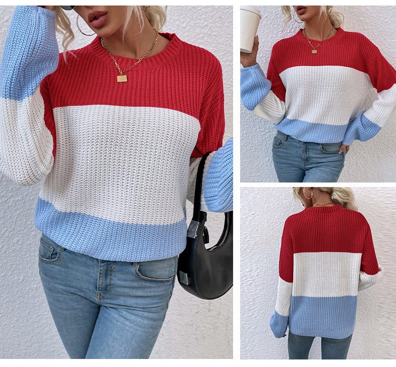 Contrast Color Sweater Lantern Sleeve Pullover - AmiraMart