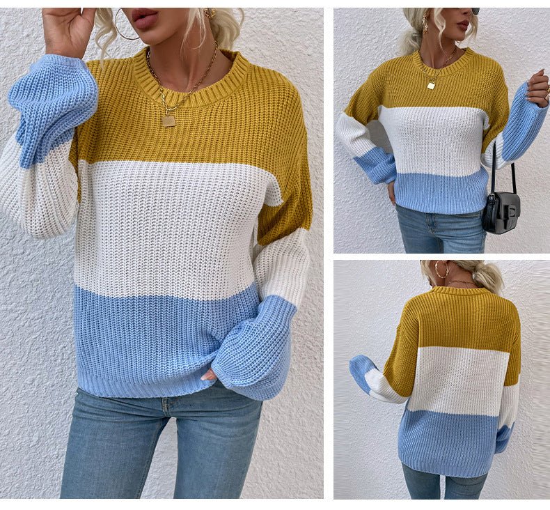 Contrast Color Sweater Lantern Sleeve Pullover - AmiraMart