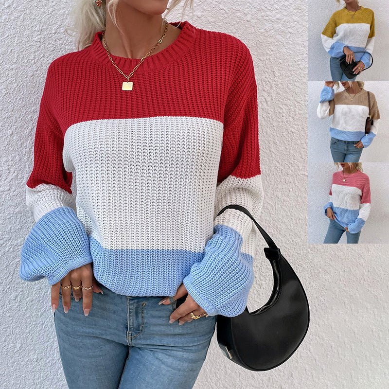 Contrast Color Sweater Lantern Sleeve Pullover - AmiraMart