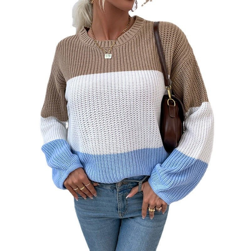 Contrast Color Sweater Lantern Sleeve Pullover - AmiraMart