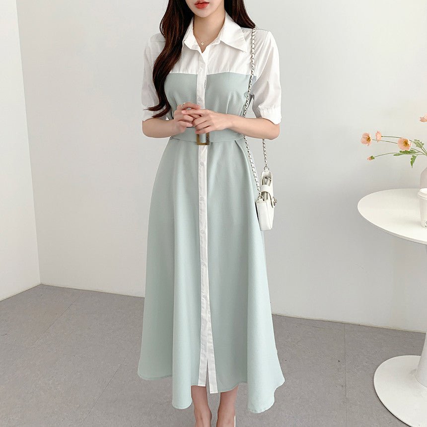 Contrast Color Waist - controlled Lace - up Dress - AmiraMart
