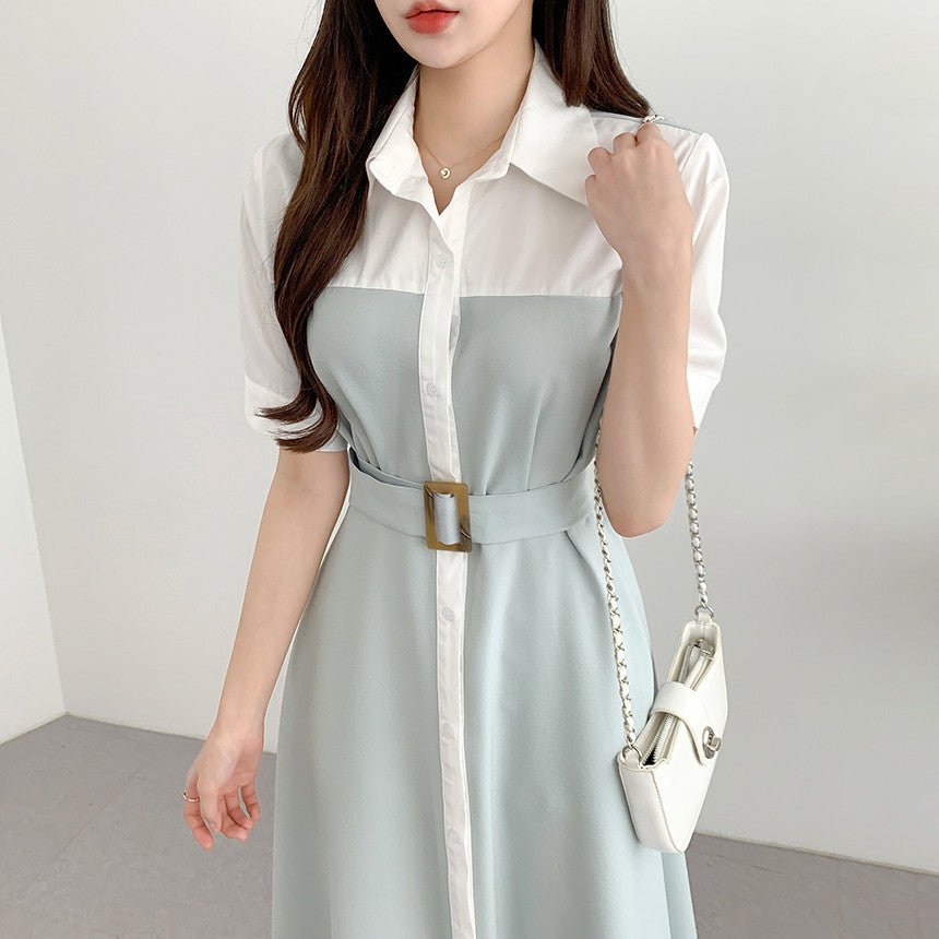 Contrast Color Waist - controlled Lace - up Dress - AmiraMart
