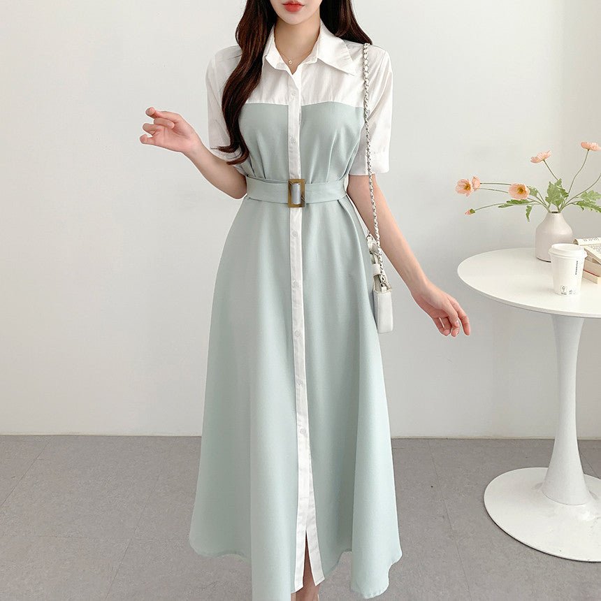 Contrast Color Waist - controlled Lace - up Dress - AmiraMart