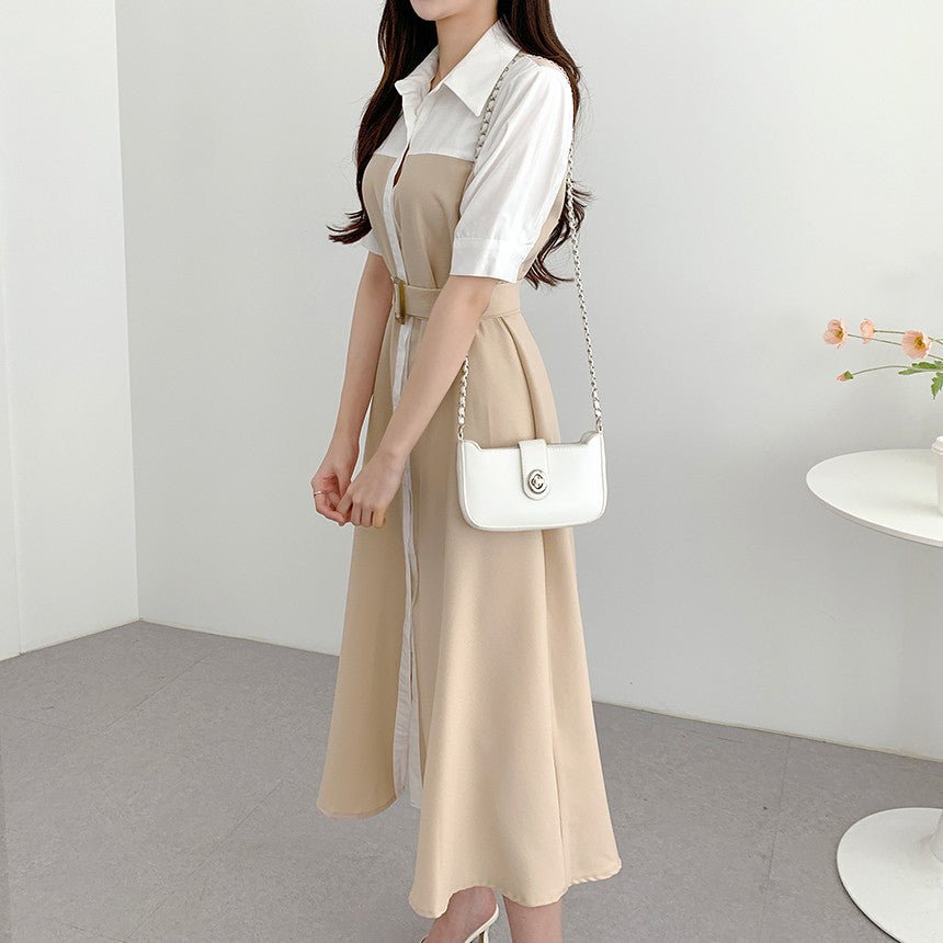 Contrast Color Waist - controlled Lace - up Dress - AmiraMart