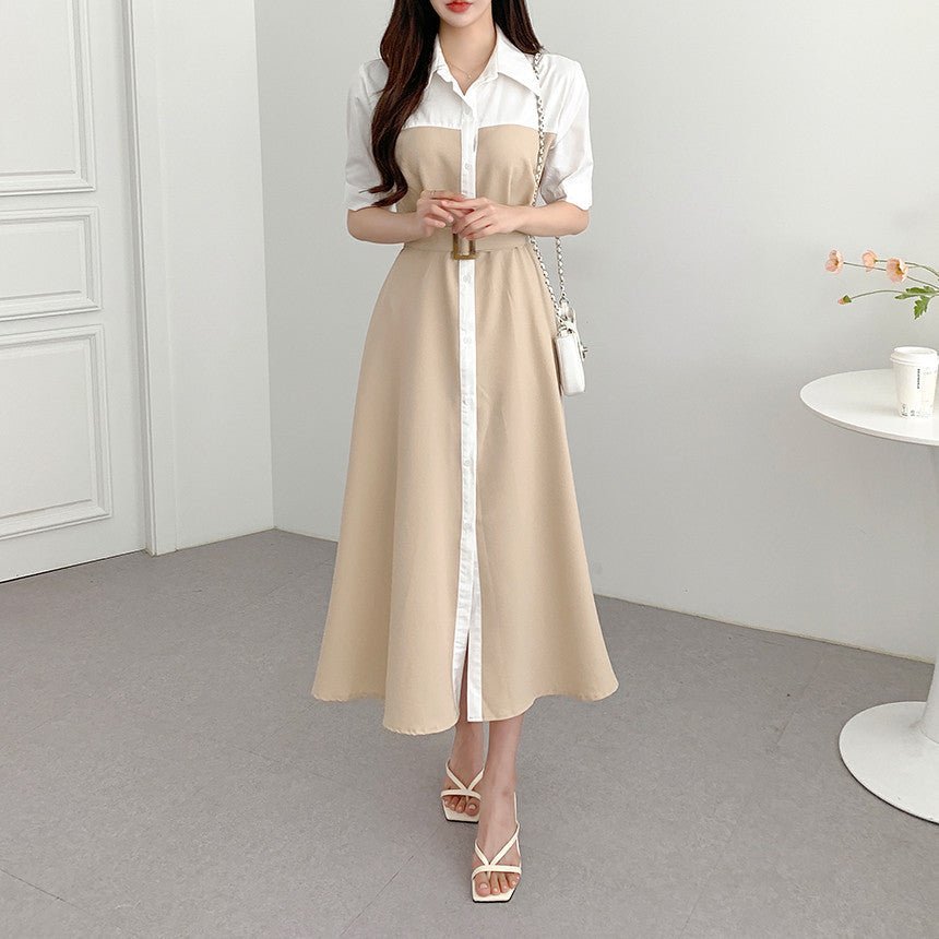 Contrast Color Waist - controlled Lace - up Dress - AmiraMart