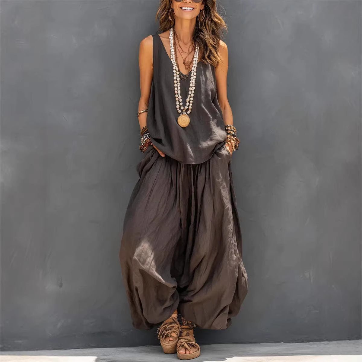 Cotton - Linen Tank & Wide Leg Pants Set | Women's Casual 2PC - AmiraMart