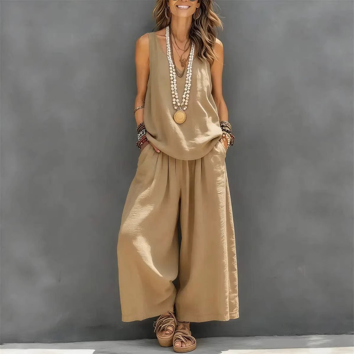 Cotton - Linen Tank & Wide Leg Pants Set | Women's Casual 2PC - AmiraMart